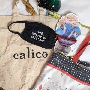 Cat Calico Tote Bag with Red and Black Accents Cat Lover Bundle